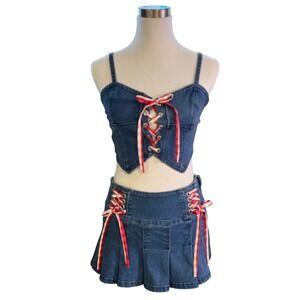 Sugar Thrillz Wide Open Spaces Size S Denim Bustier Top & Pleated Mini Skirt Set